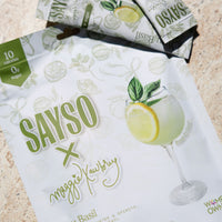 SAYSO x Maggie Awbrey Yuzu Basil drink mixes on a counter