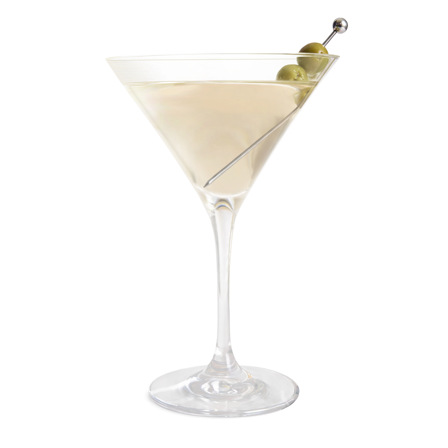 Dirty Martini in a martini glass garnished with two olives